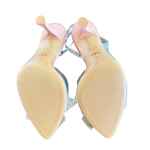 New ZARA Clear Vinyl Nude Stiletto Pointed Sandals Rhinestone Bow Sz 39 US 8.5 - Picture 9 of 10